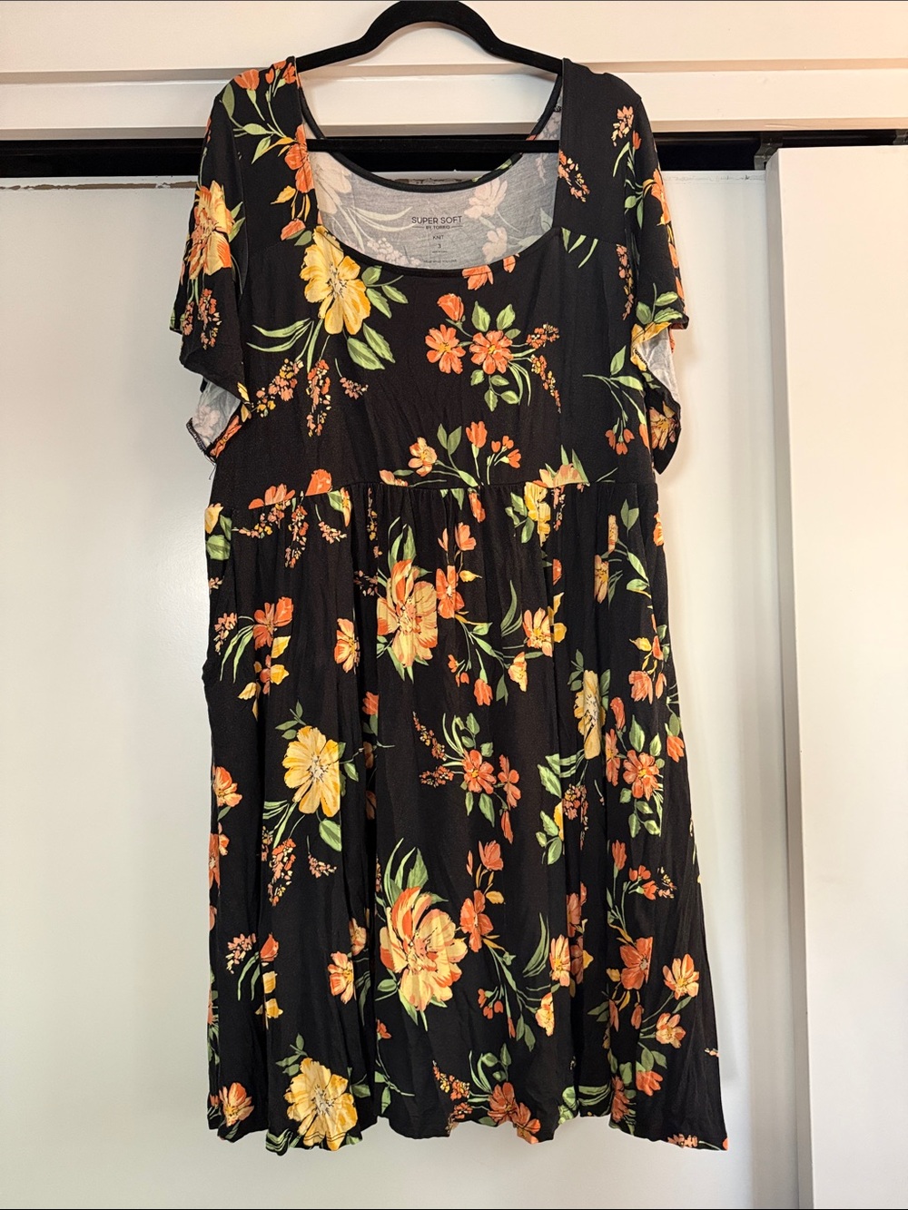 torrid Black Floral Short Sleeve Dress with Orange & Yellow Blooms
